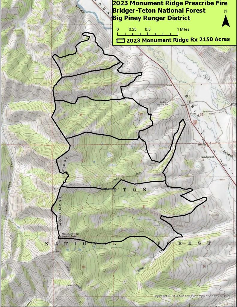topography map of Monument Ridge prescribed burn showing burn units