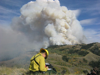 Photo of firefighter with smoke column in background