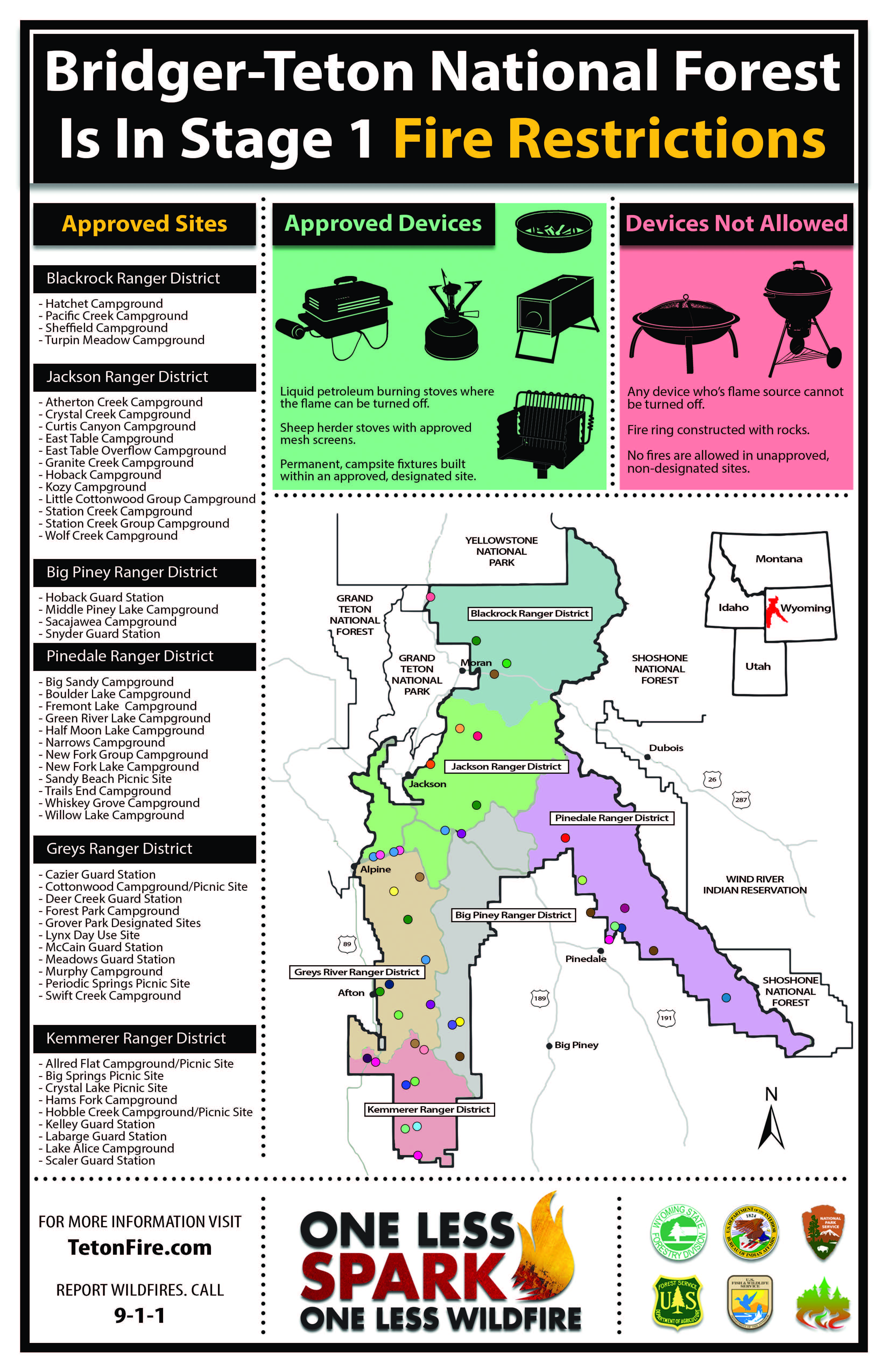 poster with fire restriction information listing designated sites across the forest where campfires are allowed.