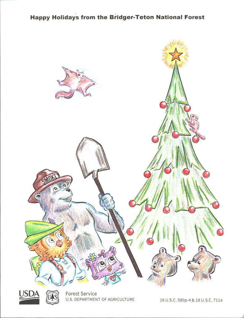 color sheet Woodsy and Smokey and Christmas tree