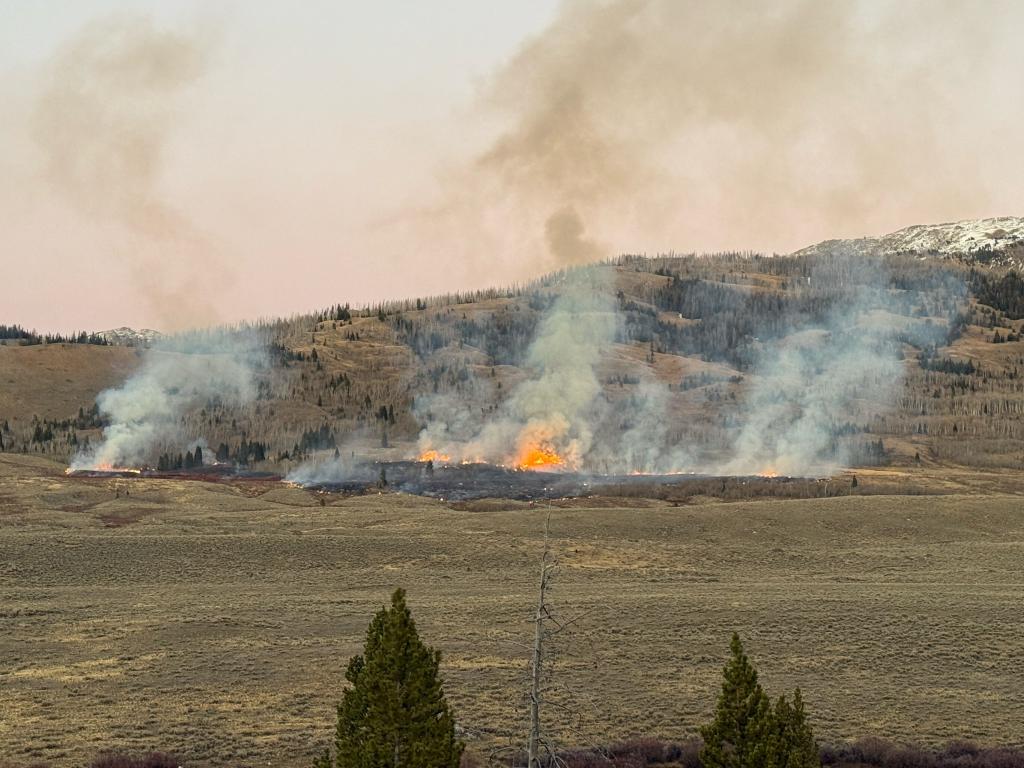 Flames burning in a line with mountain behind.
