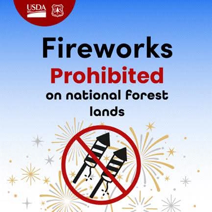 sky blue background with gold and silver fireworks bursts at bottom. two firework rockets with red circle slash through them. Text reads Fireworks Prohibited on nation forest lands