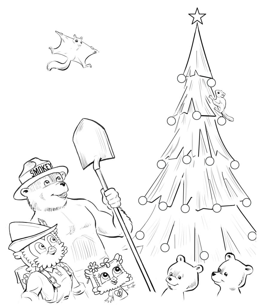 Smokey and Woodsy with Christmas tree color sheet