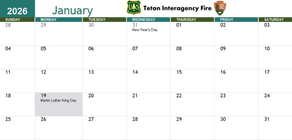 Teton Interagency 2026 training calendar