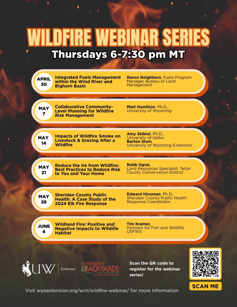Event flyer with black background and orange flames with webinar series information in yellow bars