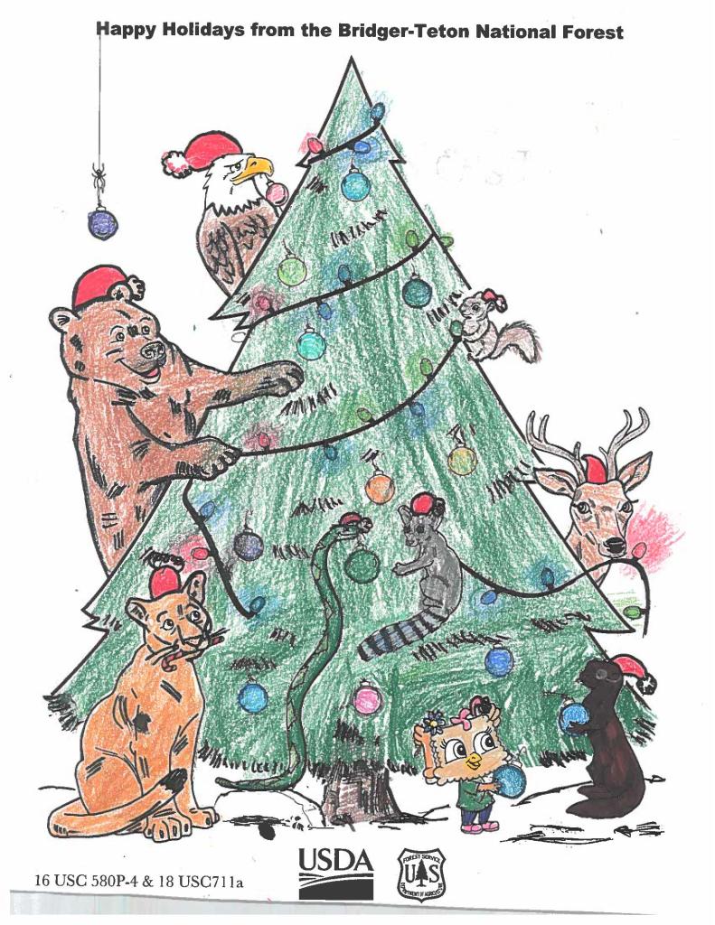 color sheet of forest animals around a Christmas tree